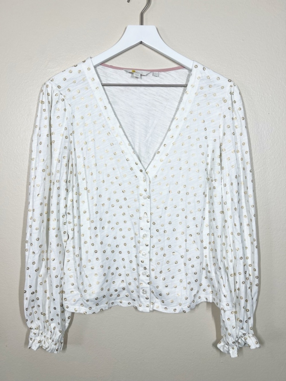Boden Women’s V-Neck Button Front Top with Gold Dot Print Cotton Size 14